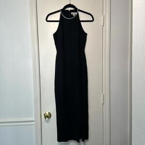 Fitted Black Ann Taylor Formal Long Dress with Rhinestone and Slit Detail Size 2